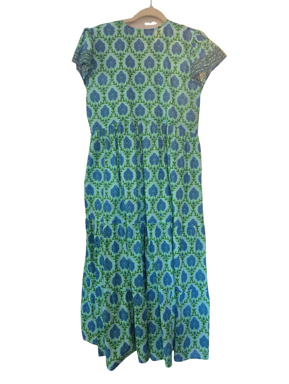 Bindu Pure Indian Artisan Cotton Blue & Green Floral Maxi Dress Contrast Sash Sm - Picture 6 of 10